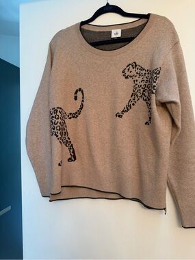 CAbi Beige Crewneck Sweater with Black Leopard Motifs